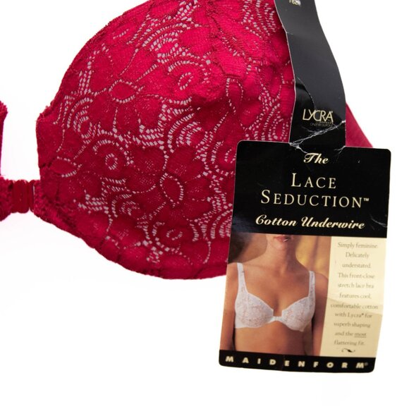 Vtg Maidenform 34D Red Lace Stretch Unlined Underwire Bra Front Closure 7829 NWT - Picture 2 of 7
